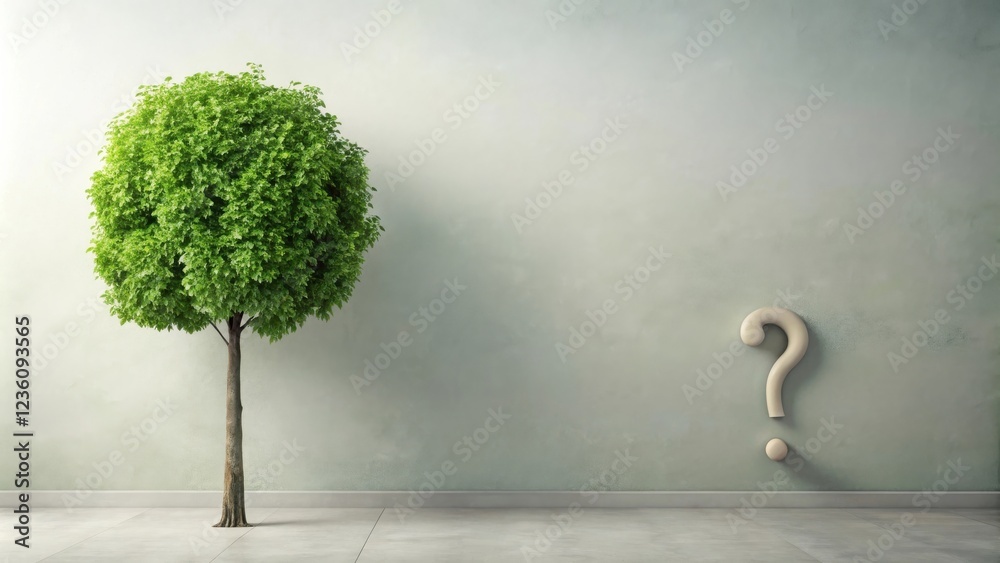 Poster A Single Tree Stands Alone In Front of a White Wall with a Large Question Mark