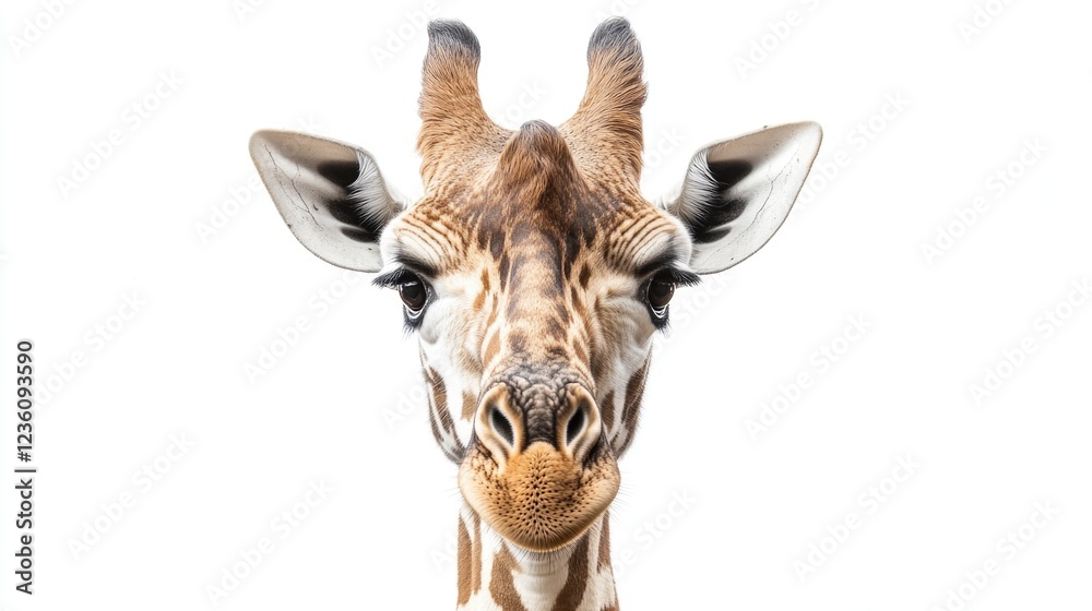 Poster a close-up view of a giraffe's face on a white background, perfect for highlighting its unique featu