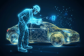 Skilled auto mechanic diagnosing a car engine issue in a garage
