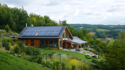 Obraz premium A contemporary beach house with solar panels, reflecting sunlight and providing a sustainable energy solution for the future.