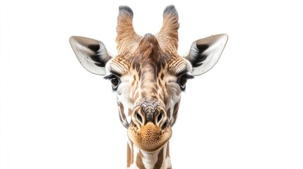A close-up view of a giraffe's face on a white background, perfect for highlighting its unique features