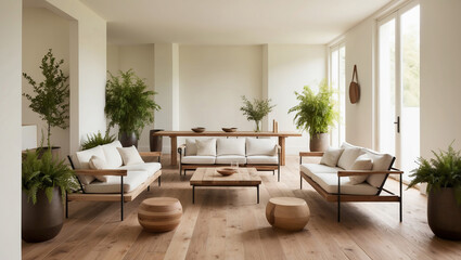 Modern indoor living space with minimalist furniture and abundant greenery in natural light