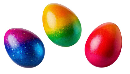Obraz premium Bunte Ostereier mit kunstvoller Regenbogenbemalung auf weißem Hintergrund, lebendige Farben symbolisieren Vielfalt und Frühlingsfreude. Farbenfroh und festlich