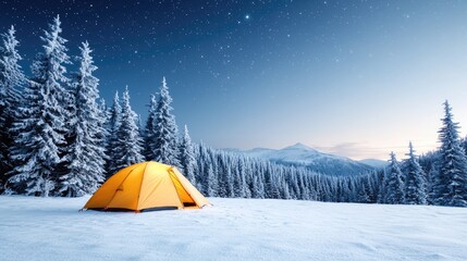 Winter camping under starry night sky, snowy mountain range background