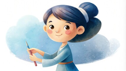 Charming watercolor illustration of a young child painting on a canvas,  AI generated