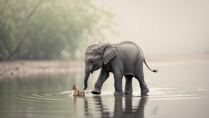 Fototapeta premium Young elephant explores a serene river with a duckling on a misty morning