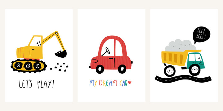 Set of cute children's posters with cars- excavator, truck in cartoon style. Scandinavian style. Vector set with automobile for fabric, textile, postcard, apparel, wall art, kids room design