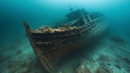 Fototapete Rund Sunken ship rests on ocean floor, marine life background  underwater exploration © jumino