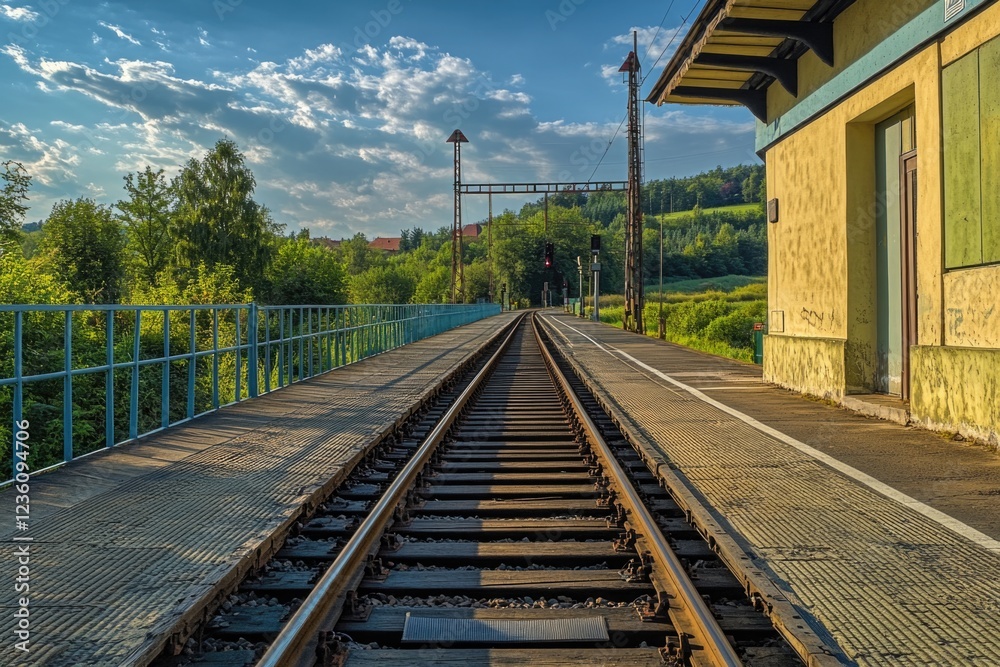 Poster Train track and station platform with trains passing by