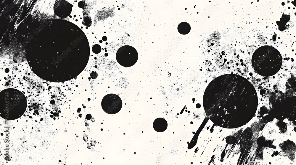Poster a striking monochromatic abstract composition featuring fluid dynamic paint splatters and drips agai