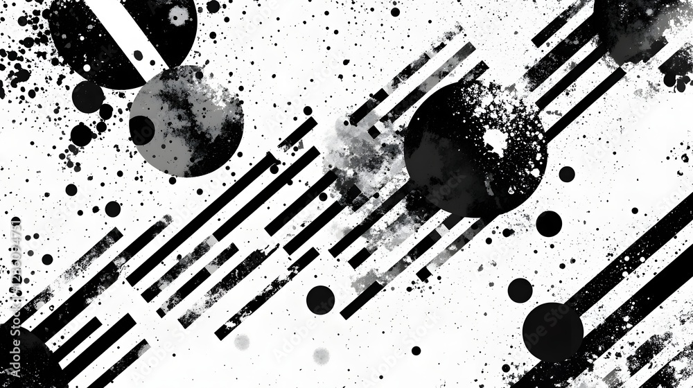 Aufkleber A striking monochromatic abstract composition featuring a dynamic arrangement of geometric shapes lines and splattered effects  This minimalist high contrast design evokes a sense of motion