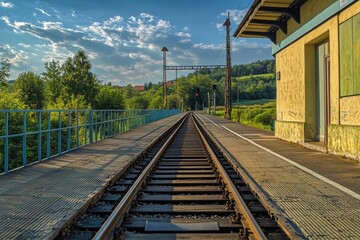 Fototapeta premium Train track and station platform with trains passing by