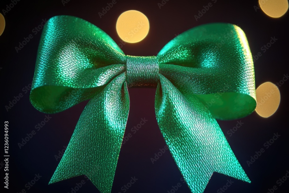 Poster a green bow tied to a string with colorful lights in the background, perfect for party decorations o