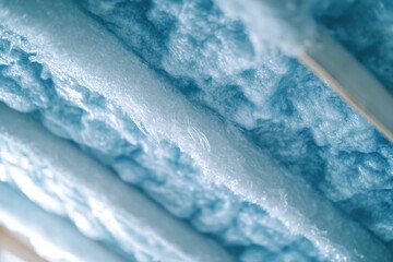 Close-Up of Soft Blue Fiberglass Insulation in Ceiling Highlights Thermal Regulation and Eco-Friendly Building Practices