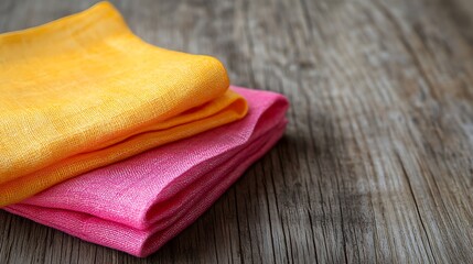 Yellow and pink napkins folded on an aged hardwood tabletop