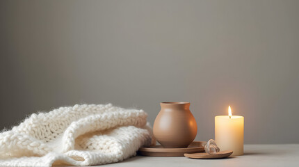 Cozy Aesthetic: Handmade Pottery, Flickering Candle, and Soft Cashmere Blanket on a Warm Grey Background – Relaxing Mood & Style