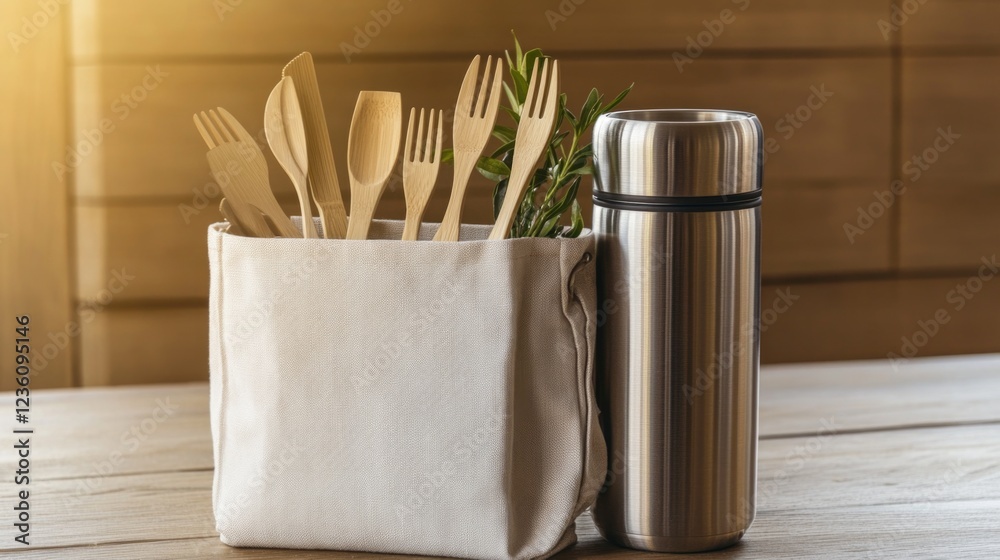 Poster a set of kitchen utensils and a bottle of water sit on a table, ready for use