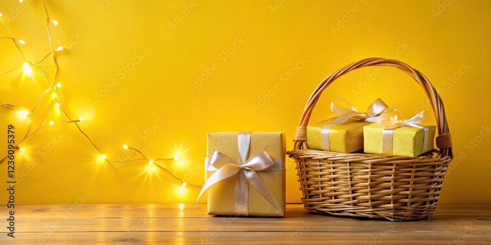 Aufkleber golden gift boxes with white ribbon in a wicker basket on a wooden table with string lights against 