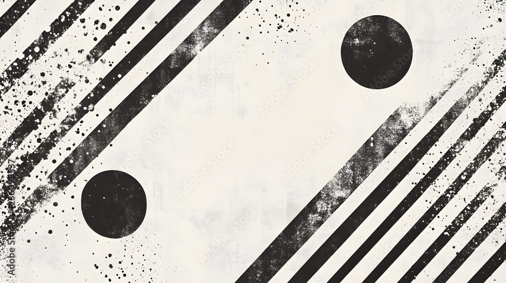 Poster A striking monochrome abstract composition featuring bold geometric patterns dynamic lines and textured splatter elements  The minimalist design creates a captivating futuristic