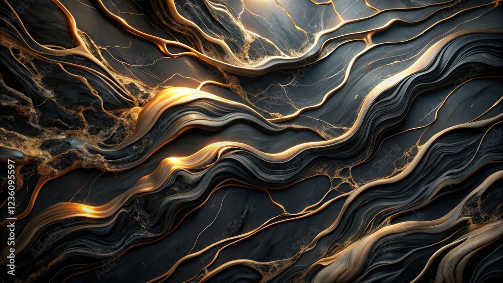 Aufkleber Abstract Black and Gold Wavy Lines Intertwining, Creating a Luxurious and Dynamic Composition