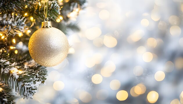 Festive Gold Ornament on Snowy Christmas Tree