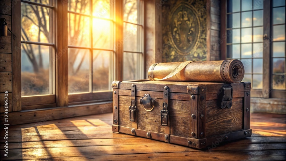 Aufkleber A wooden treasure chest with an old scroll resting on top, bathed in the golden light streaming through a window.