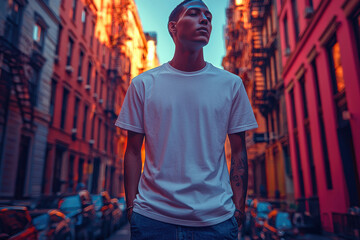 Obraz premium Asian young male standing in urban street with warm sunset light and vibrant colors