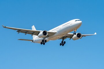 A commercial airliner soaring through a clear blue sky with no clouds in sight