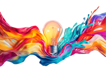 Creative Idea Lightbulb Surrounded by Colorful Paint Splashes on a transparent background 