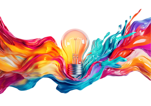 Creative Idea Lightbulb Surrounded by Colorful Paint Splashes on a transparent background 