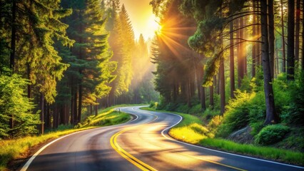 A winding road through a forest bathed in golden sunlight, with tall trees casting long shadows