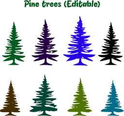 Pine trees vector. stylized pine tree silhouettes in diverse colors and shapes. eight unique pine trees arranged in two rows with vibrant hues. colorful digital illustration of varied pine tree design