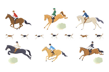 Horse riders in traditional attire participating in an equestrian event with jumping horses and running hunting dogs