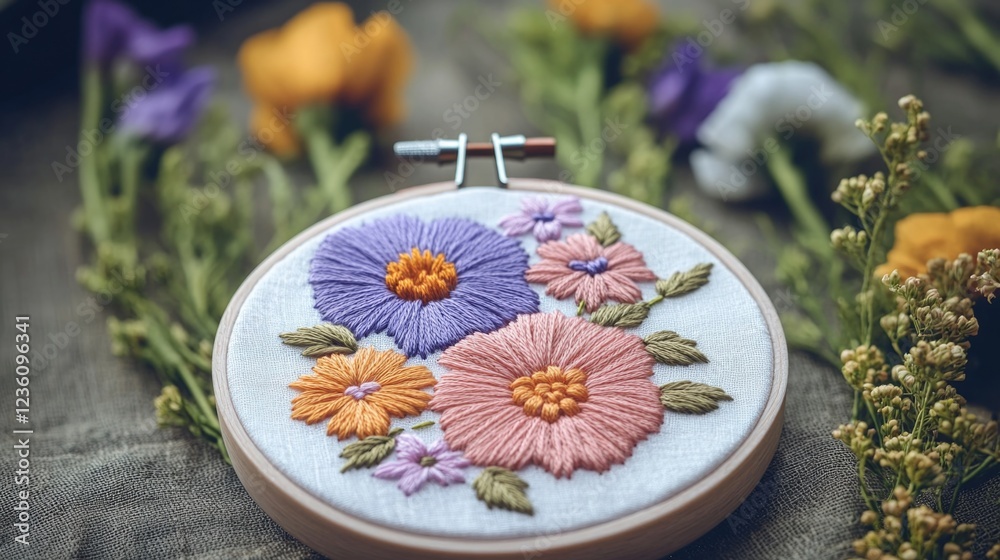Poster close-up view of an embroidered design on a table, ideal for use in still life photography or produc