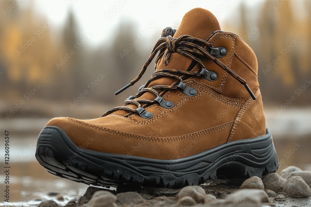Poster close-up view of a pair of hiking boots with rugged soles and laces