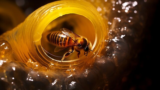 Honeybee Inside Honeycomb Cell with Raw Honey