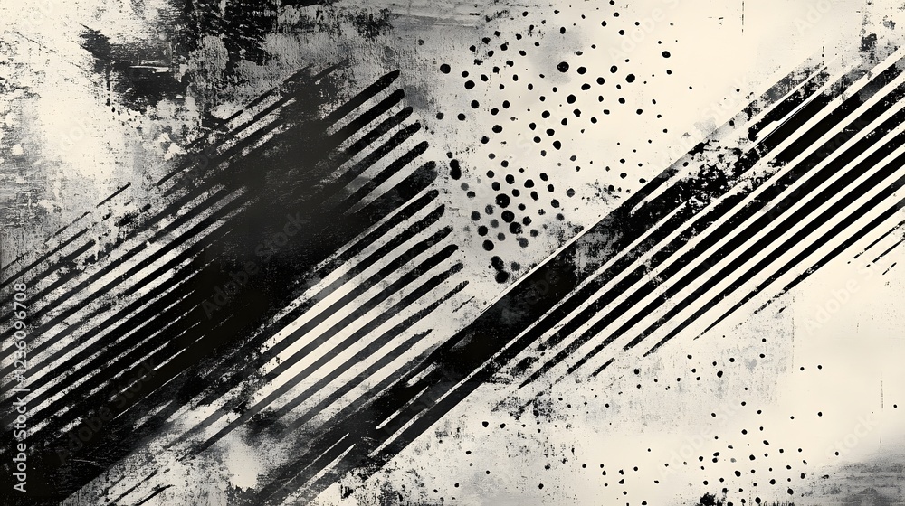 Poster A visually striking abstract and minimalist background texture featuring a dynamic composition of monochrome geometric patterns including layered stripes dots and splashes of ink or paint in a grungy