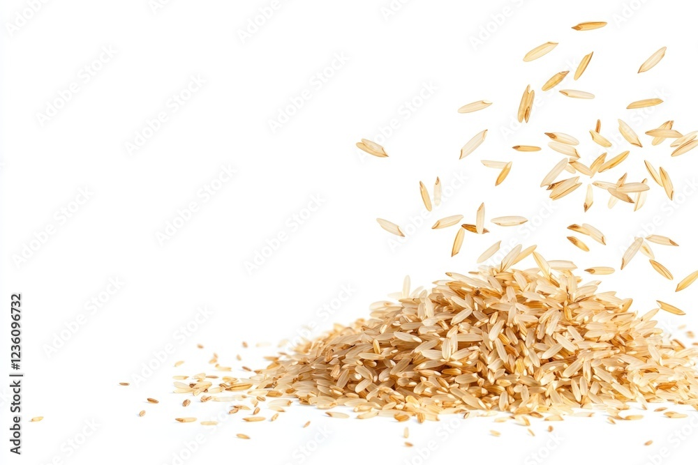 Poster a close-up shot of a pile of brown rice on a white background, suitable for use in food-related cont