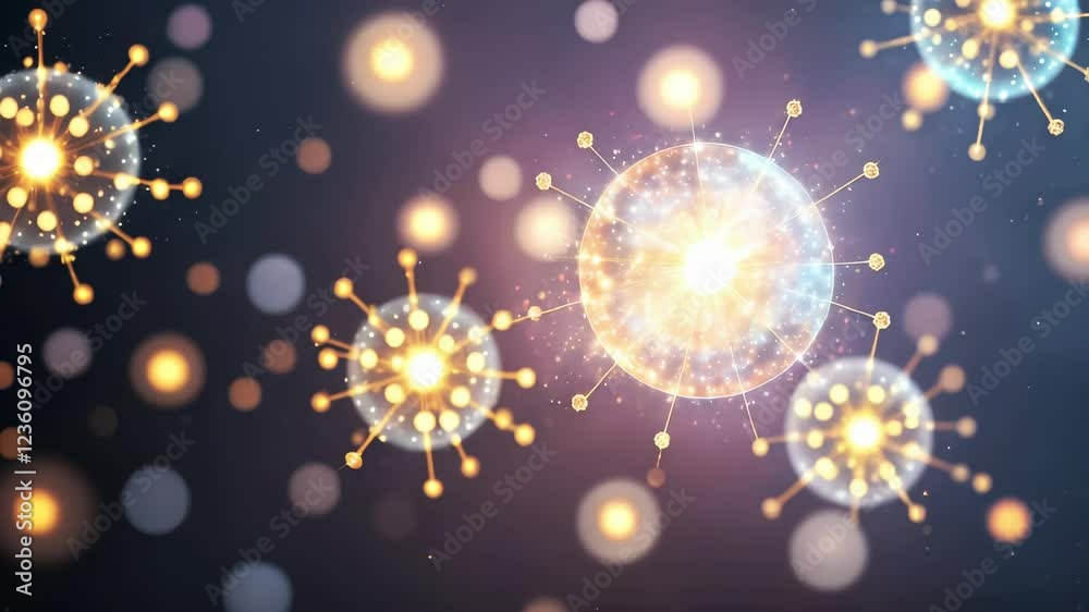 Poster luminous abstract spheres with radial glow background, seamless loop 4k video. elegant and dynamic m