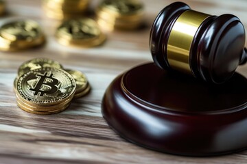 A gavel sits atop a pile of bitcoins, symbolizing the intersection of finance and law