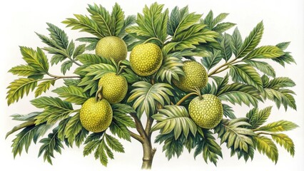 Fototapeta premium A Detailed Botanical Illustration of a Breadfruit Tree with Multiple Green Fruits and Lush Foliage