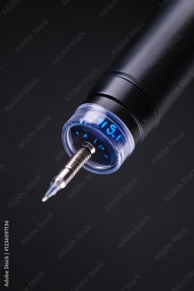Poster a close-up shot of a pen featuring a clock face on the side