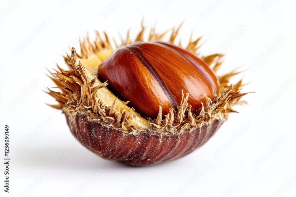 Poster a close-up shot of a single nut shell on a white background