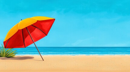Red And Yellow Beach Umbrella On Sandy Shore Under Clear Blue Sky