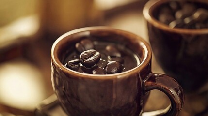 A pair of coffee cups sits on a table, ready for use