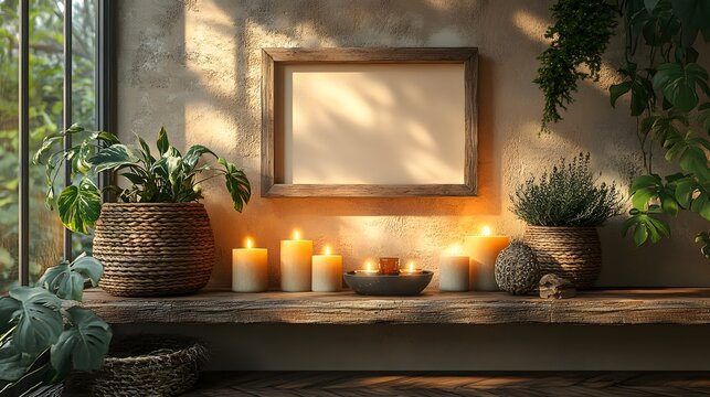Cozy beige room candles softly flickering Frame mockup close up placed on a rustic wooden shelf Warm lighting enhances the peaceful atmosphere 3D render capturing serene comfort