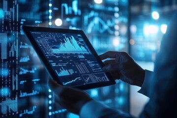 Data Analysis Digital Tablet Financial Charts Business Analytics Technology Innovation Big Data Information Management Server Room Background