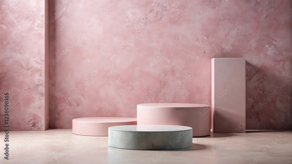 Poster A minimalist display with three cylindrical platforms and a large pink pillar against a textured wall.