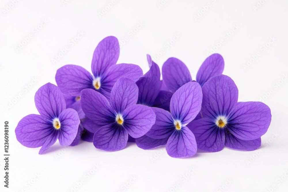 Poster a collection of purple flowers arranged on a white surface, perfect for use in editorial or commerci