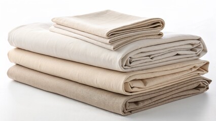 Neatly stacked linen tablecloths, soft and natural, in a minimalist arrangement